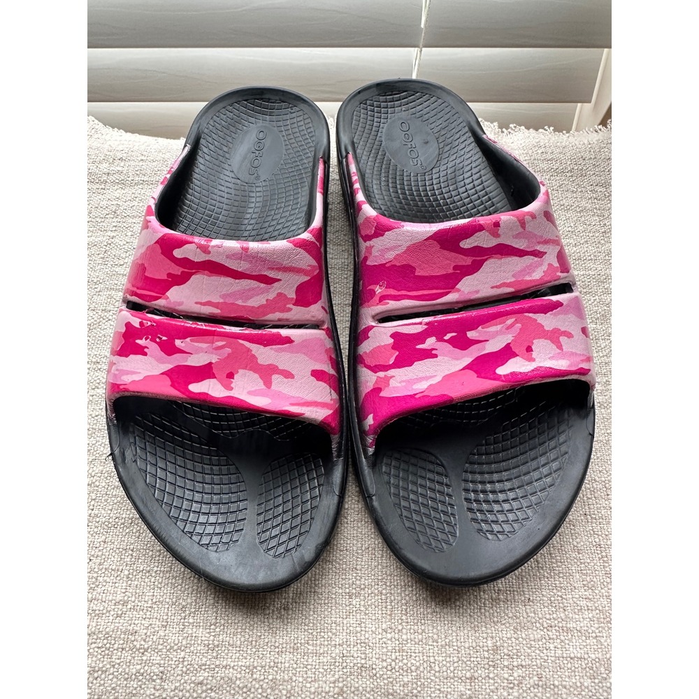 OOFOS OOahh Recovery Slide Sandals Pink Camo Orthopedic Comfort Womens 9 EU 40